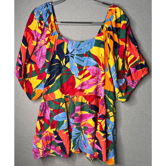 Terra & Sky Baby Doll Top Rayon Plus Sz 3X (24W 26W) Colorful Tunic Puff Sleeves - Picture 7 of 7